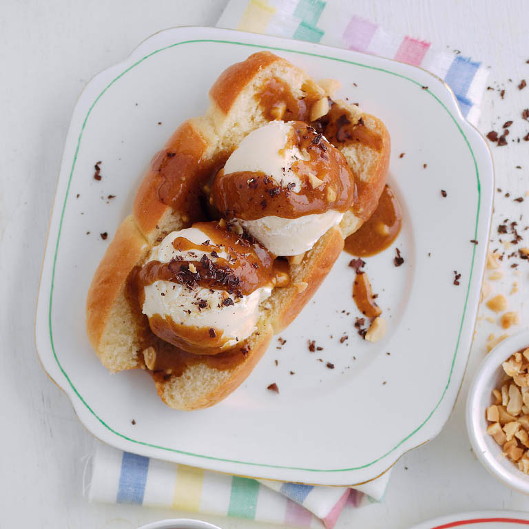 Ice Cream Brioche with Salted Peanut Butter Sauce